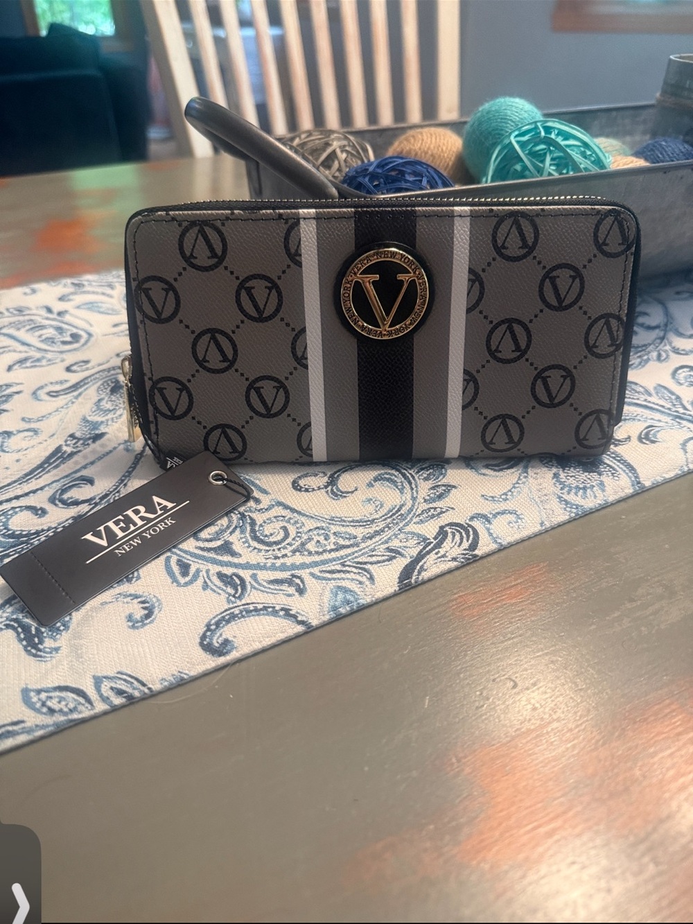 Vera New York Gray Logo Zip-Around Wallet with Stripe Detail